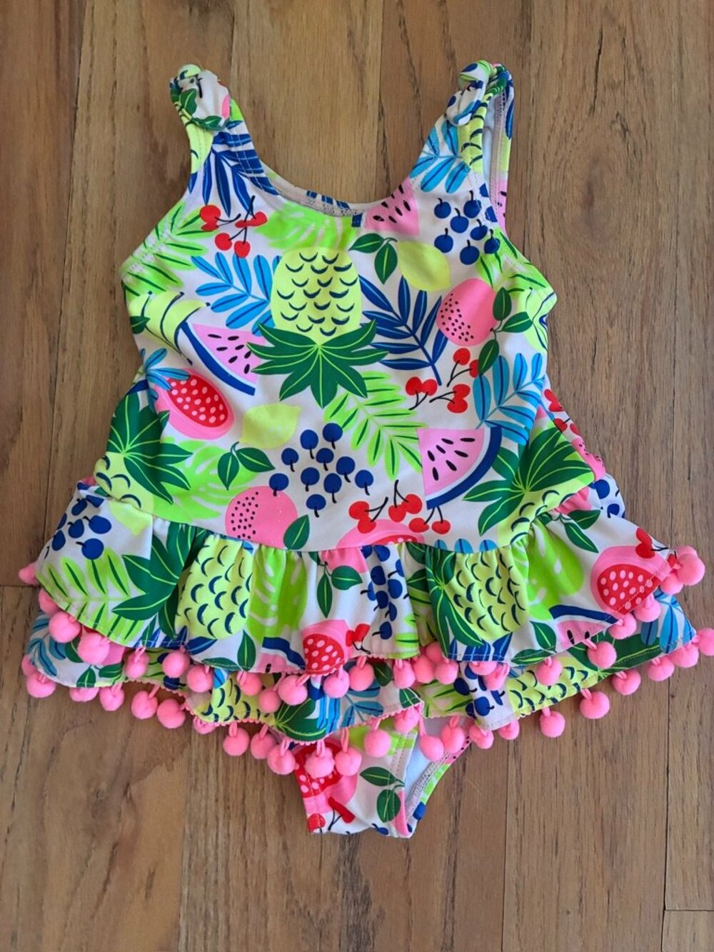 Adorable Nicole Miller Girls Tropical Fruit Ruffle Pom Pom Swimsuit 4T
